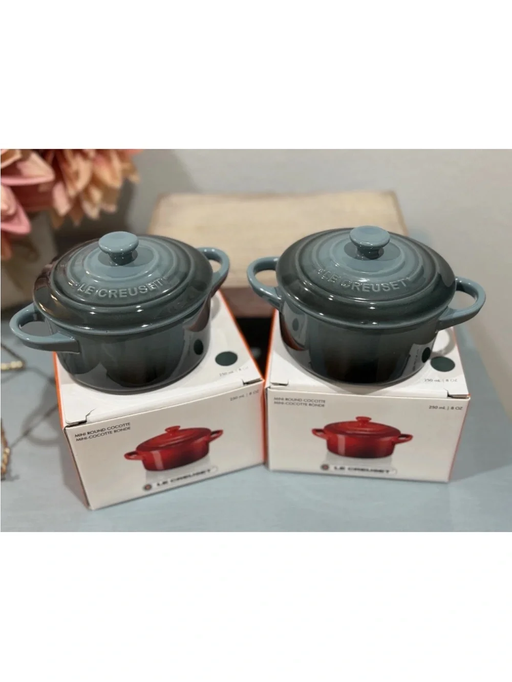 Rare! Le Creuset Mini Cocotte w/ Lid - 8 Oz - Ocean - NIB Set Of 2